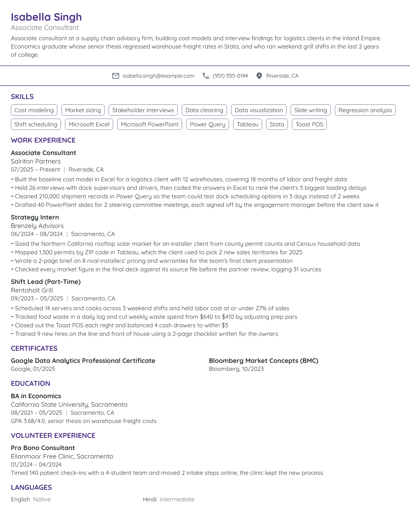 Entry-Level Management Consultant resume example