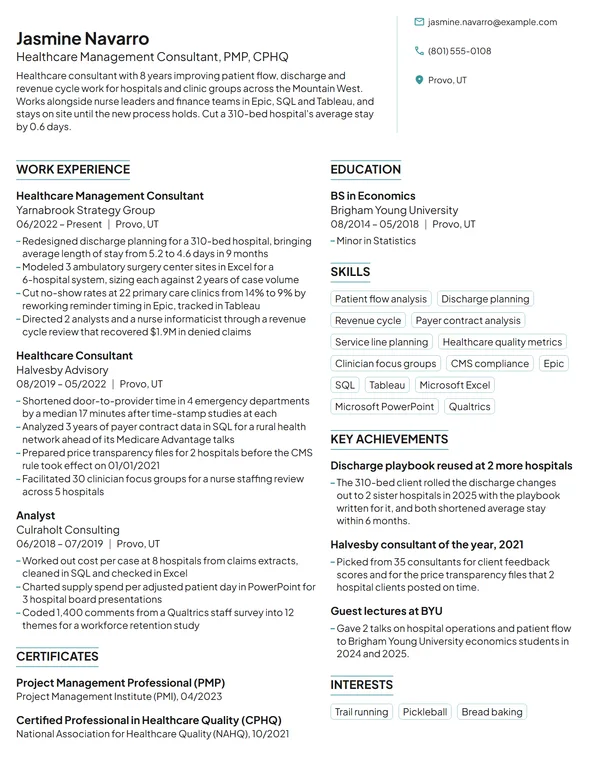 Healthcare Management Consultant resume example