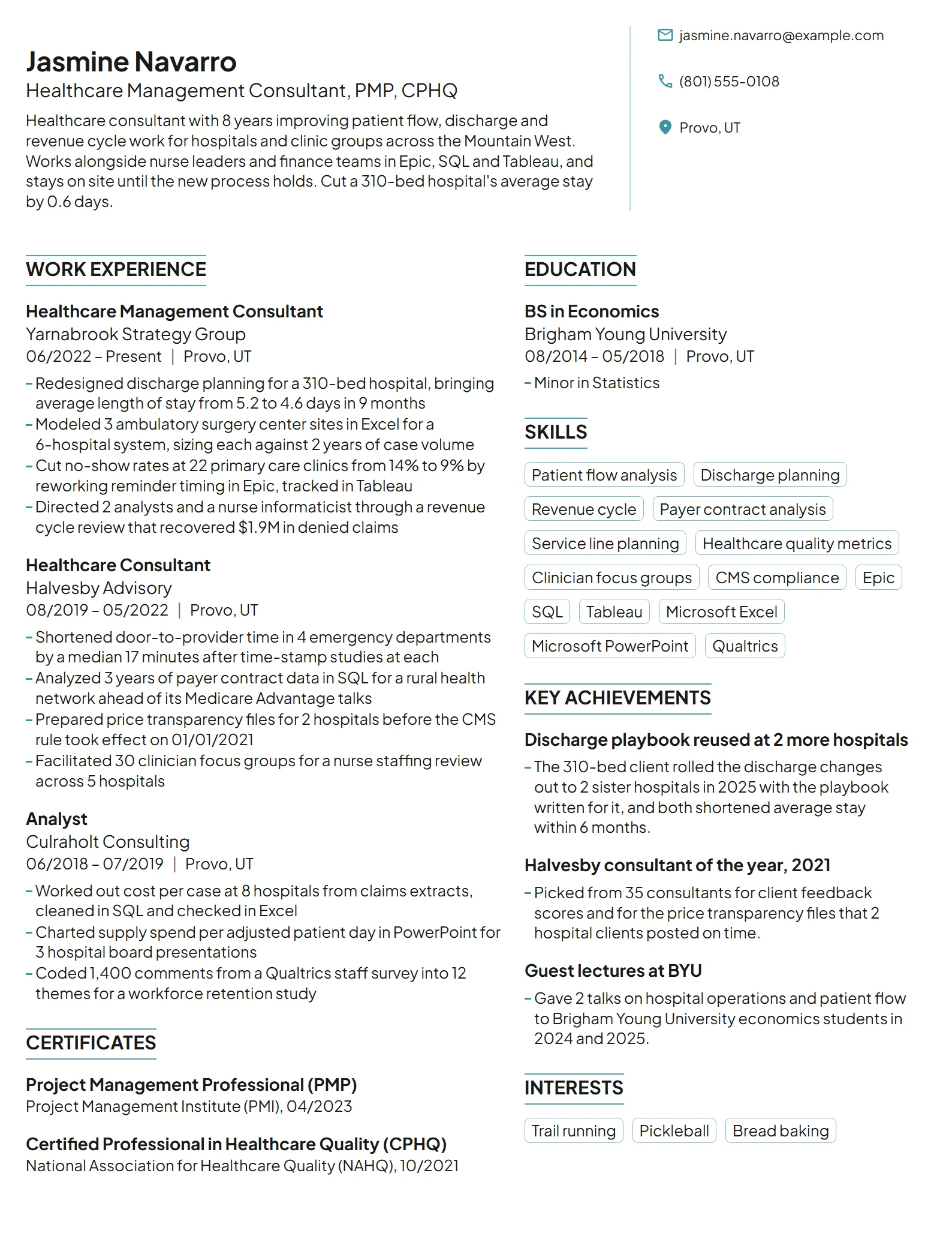 Healthcare Management Consultant resume example
