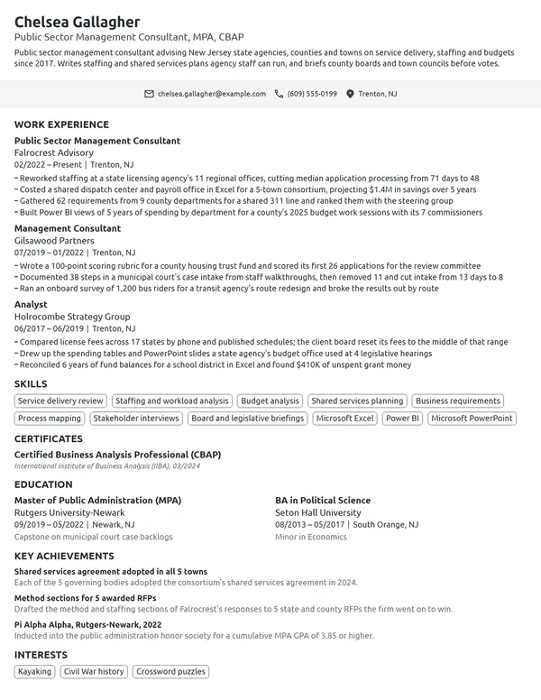 Public Sector Management Consultant resume example
