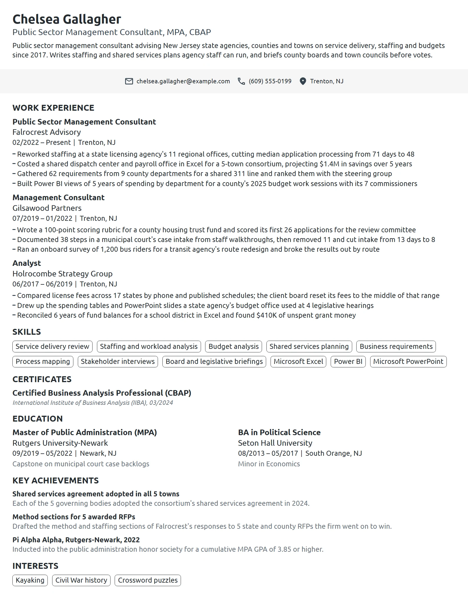 Public Sector Management Consultant resume example