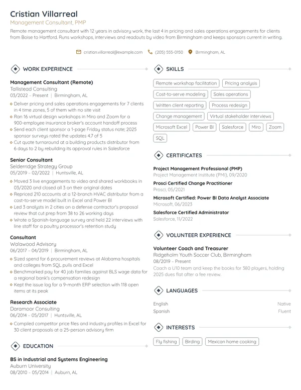 Remote Management Consultant resume example
