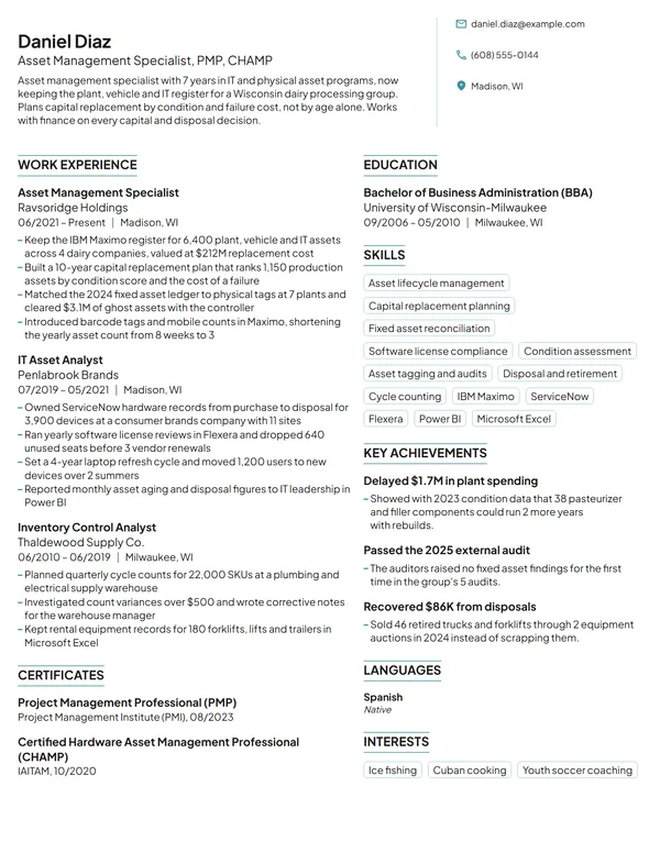 Asset Management Specialist resume example