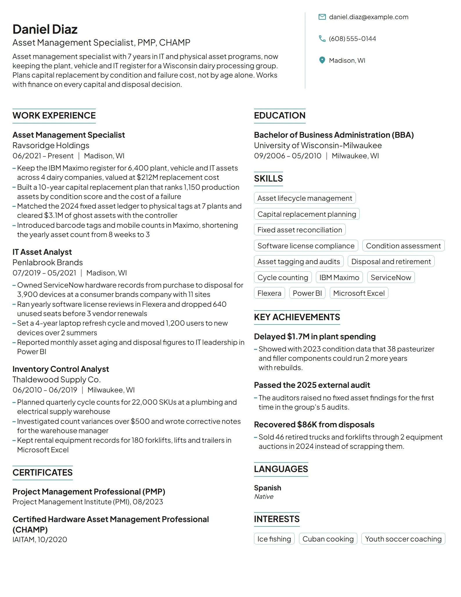 Asset Management Specialist resume example