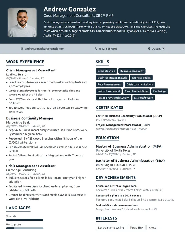 Crisis Management Consultant resume example