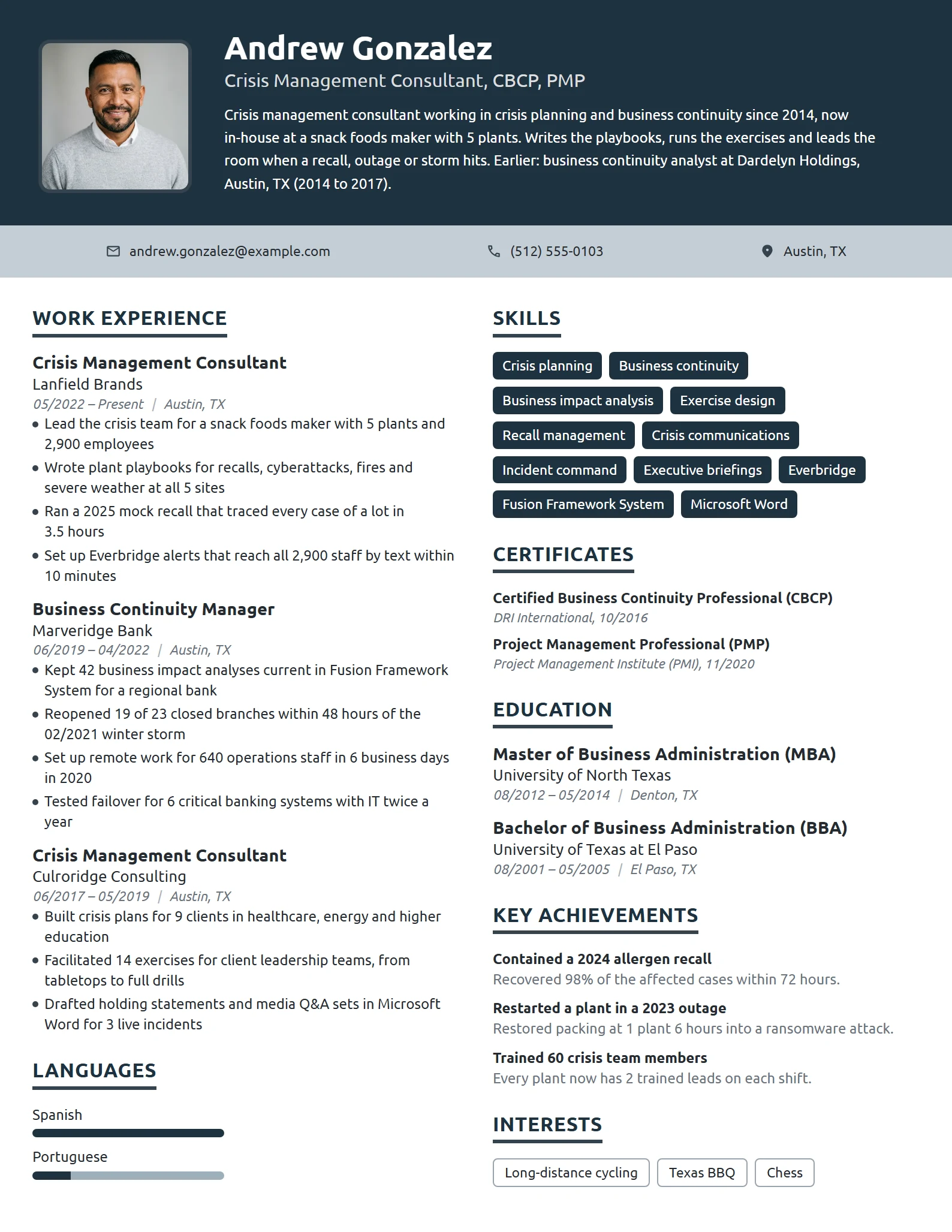 Crisis Management Consultant resume example