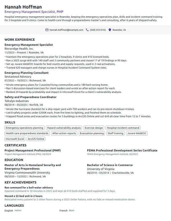Emergency Management Specialist resume example