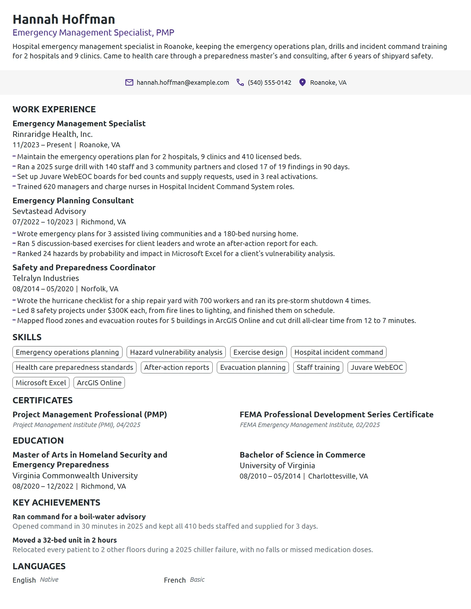 Emergency Management Specialist resume example
