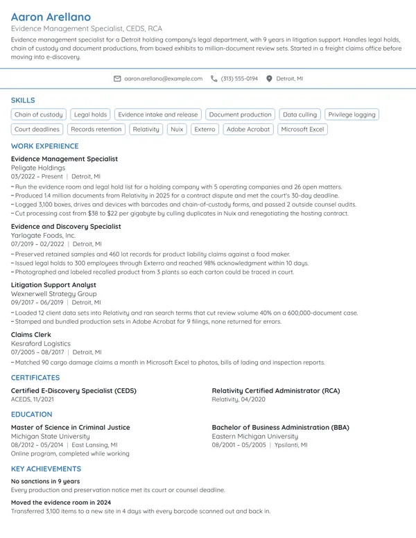 Evidence Management Specialist resume example