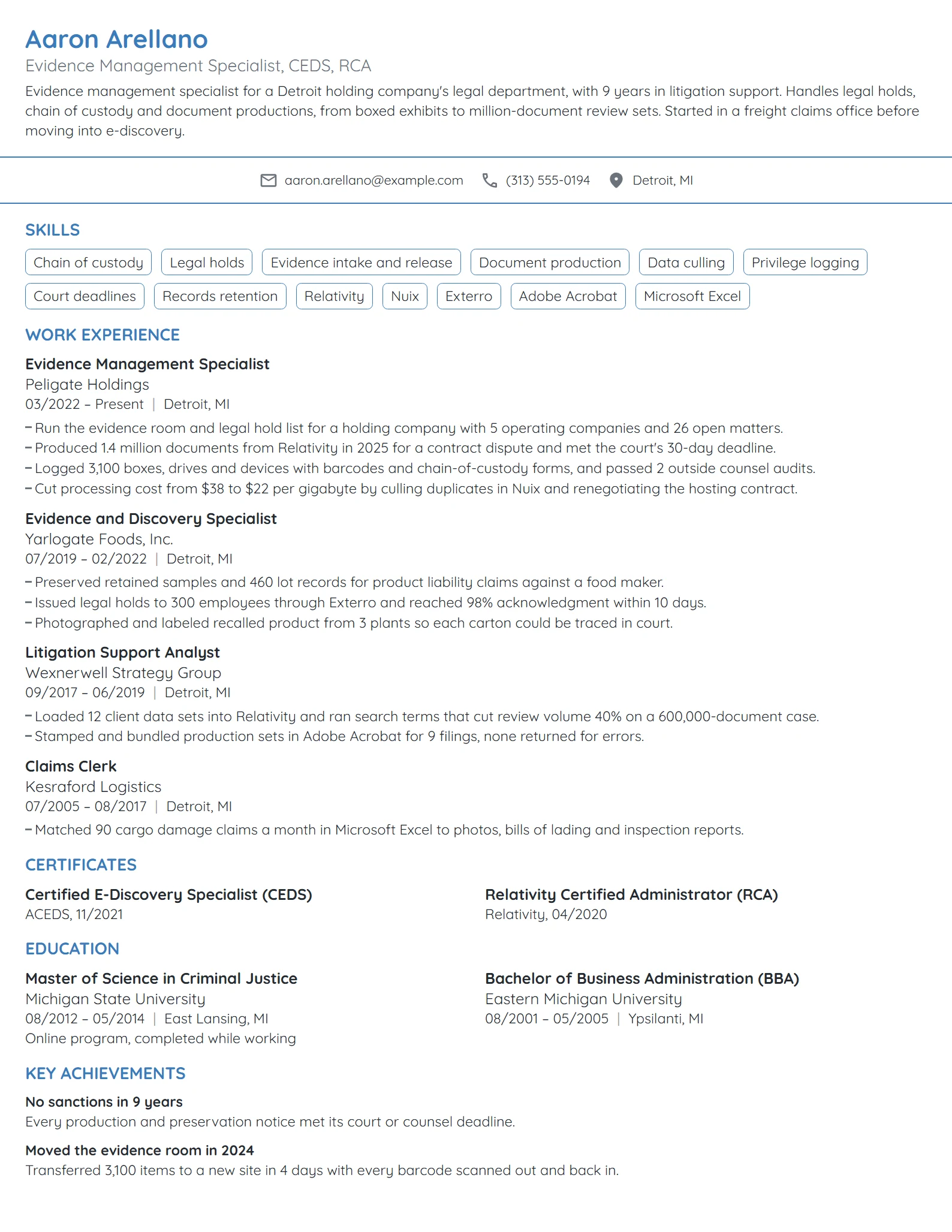 Evidence Management Specialist resume example