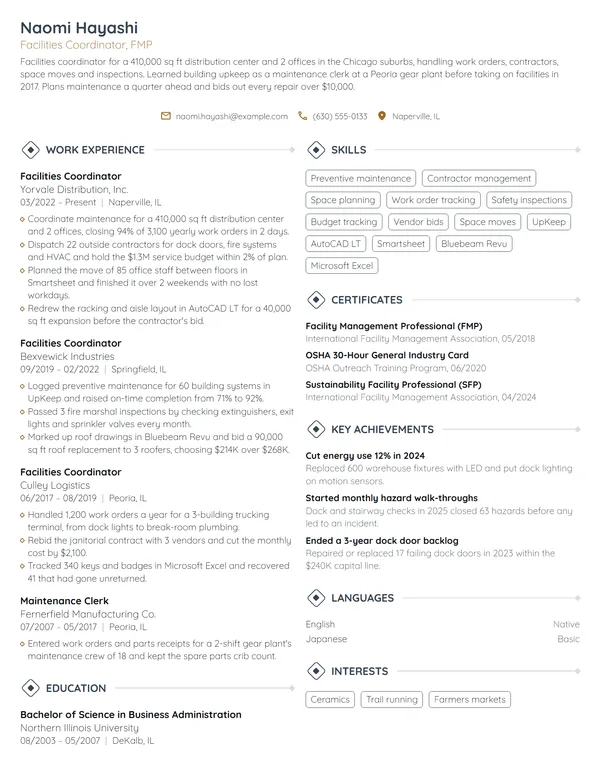 Facilities Coordinator resume example