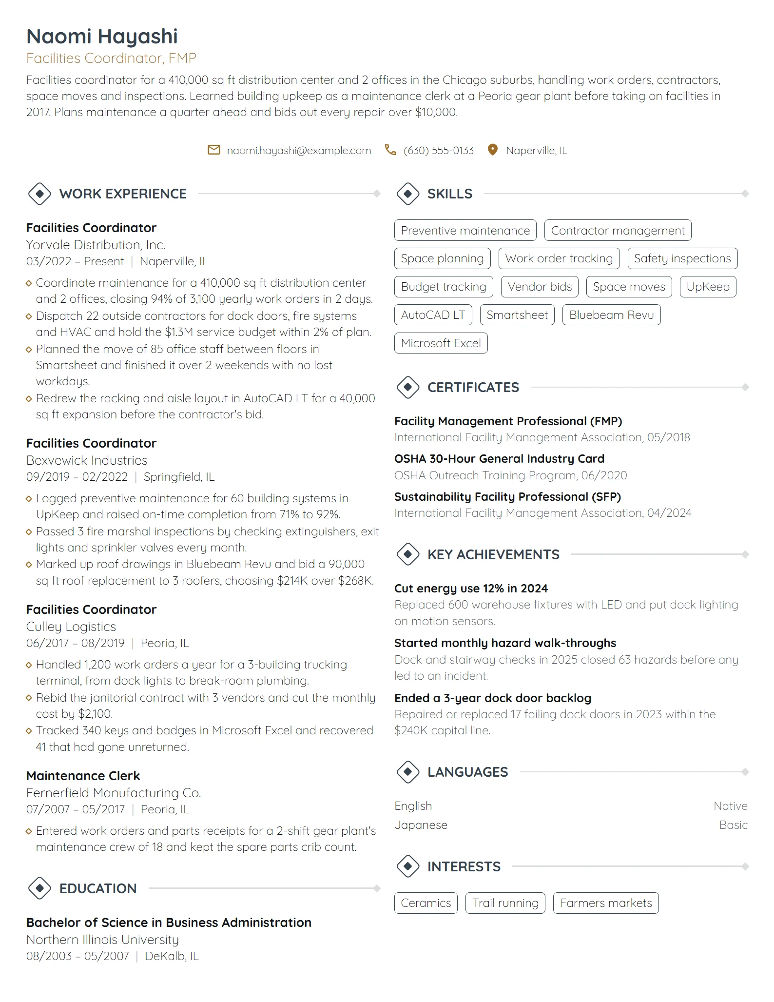 Facilities Coordinator resume example