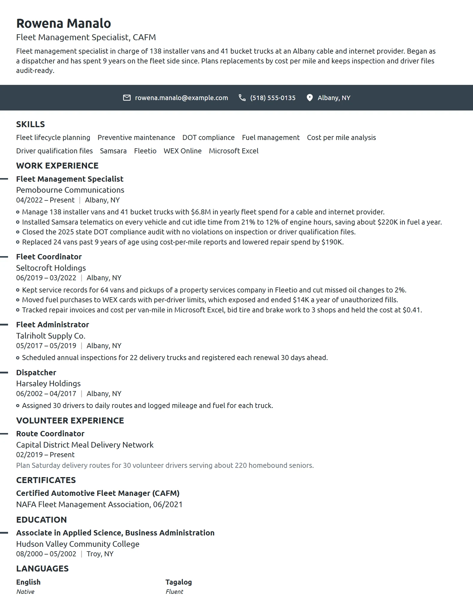 Fleet Management Specialist resume example