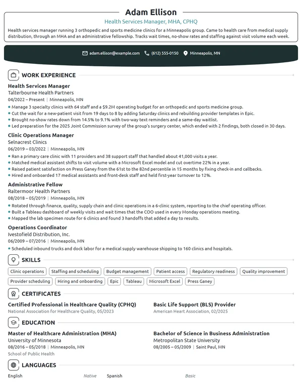 Health Services Manager resume example