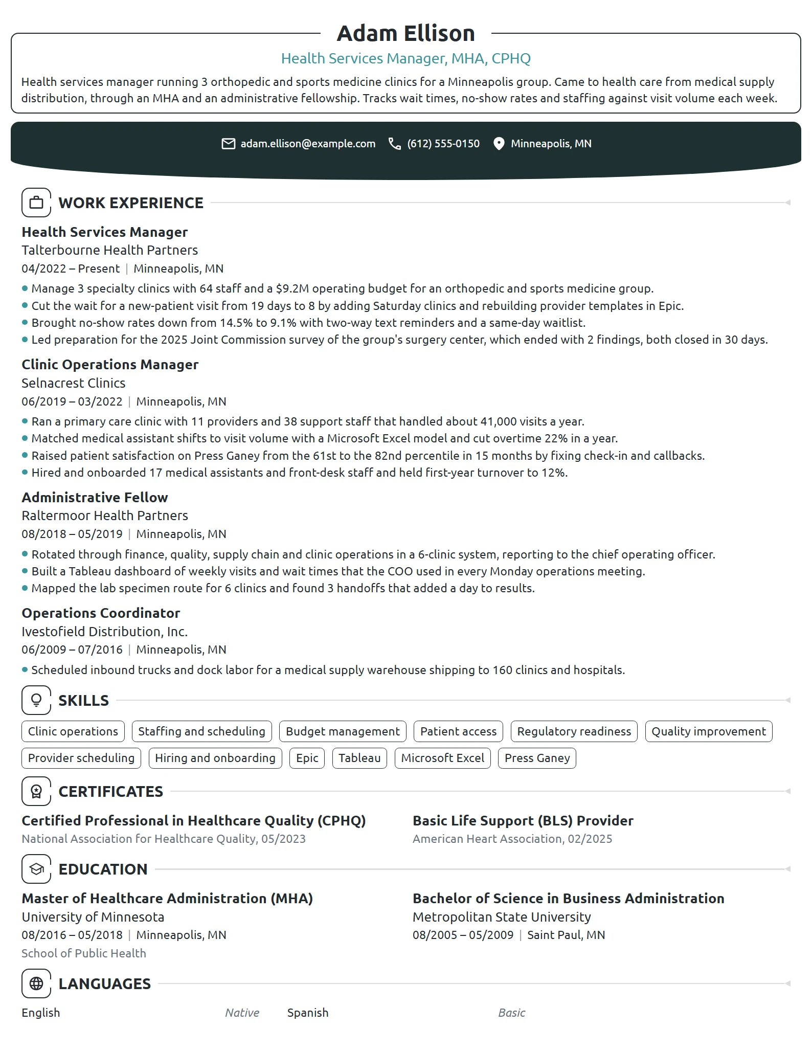 Health Services Manager resume example