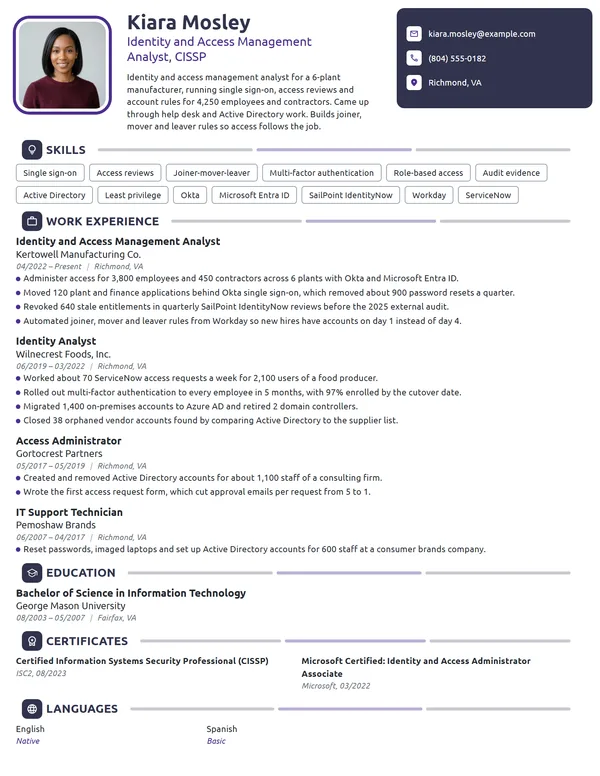 Identity and Access Management Analyst resume example