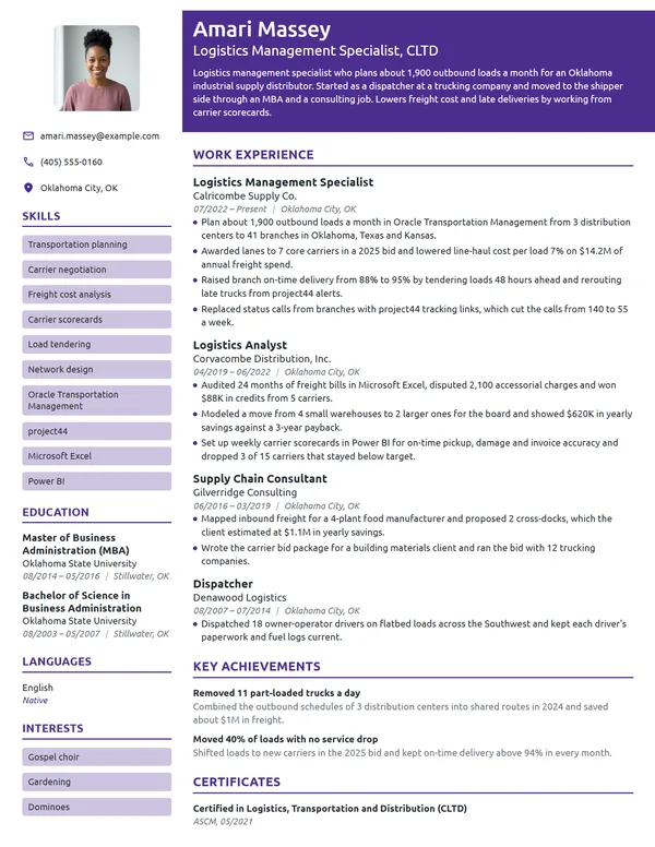 Logistics Management Specialist resume example