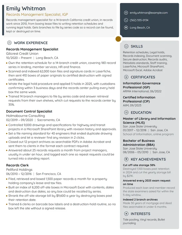 Records Management Specialist resume example