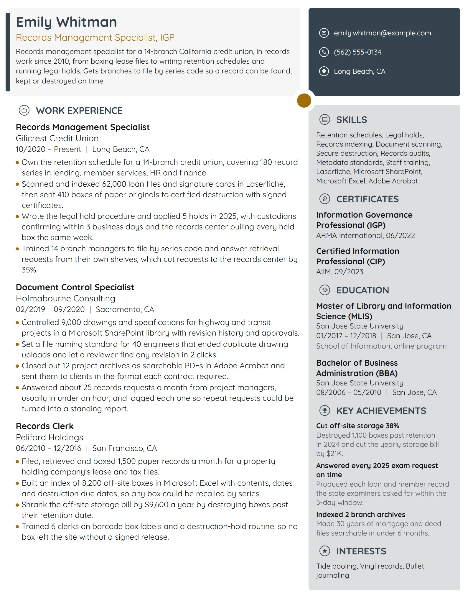 Records Management Specialist resume example