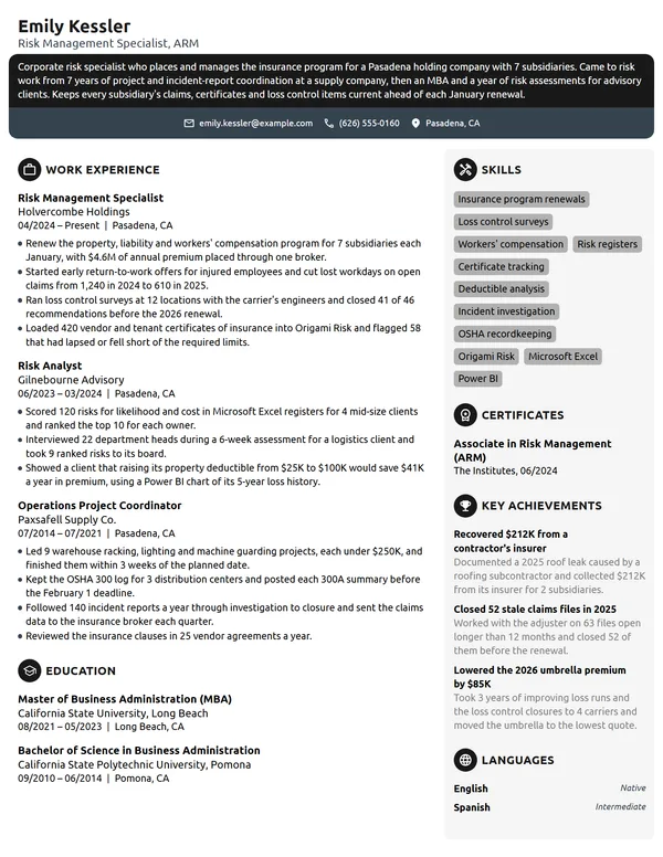 Risk Management Specialist resume example