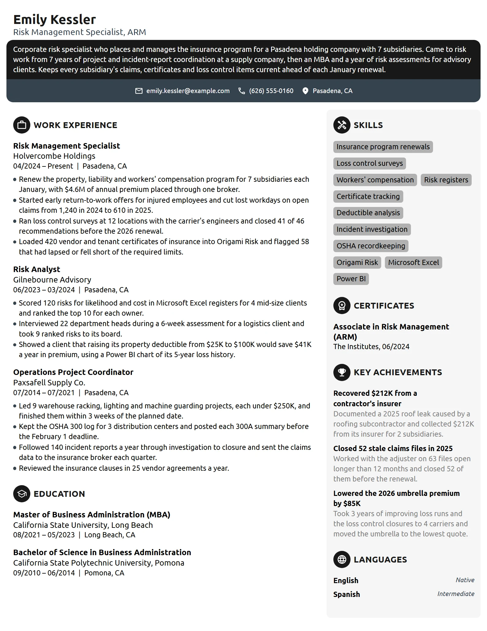 Risk Management Specialist resume example