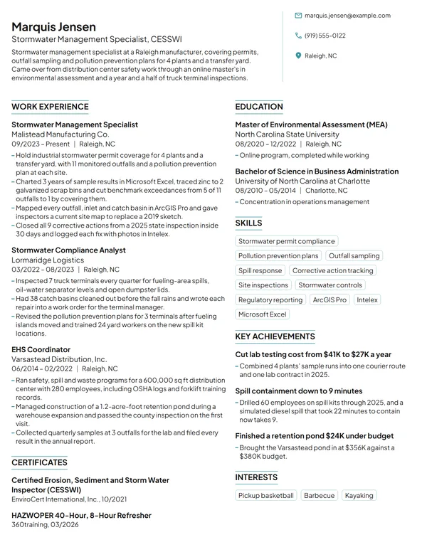 Stormwater Management Specialist resume example