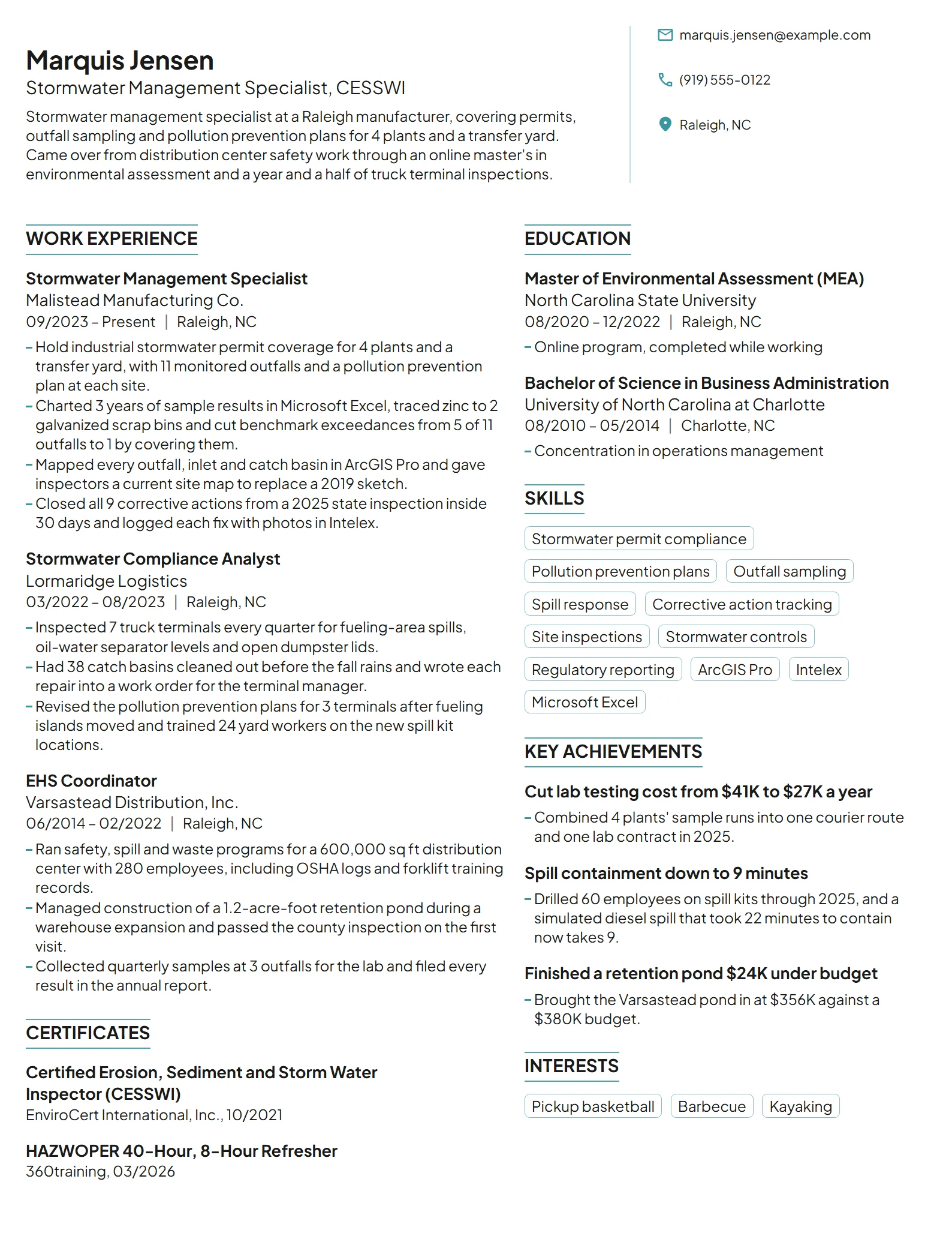 Stormwater Management Specialist resume example