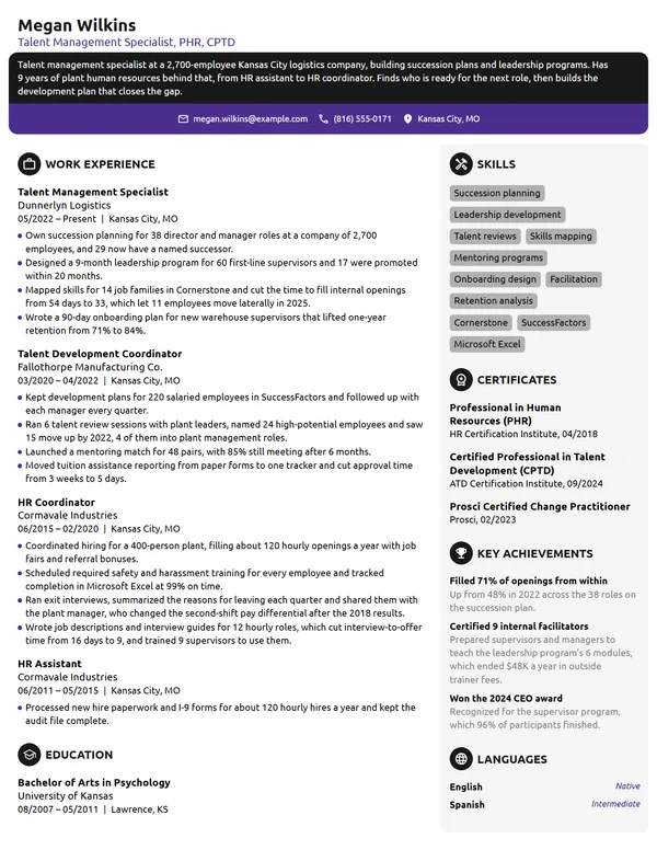 Talent Management Specialist resume example