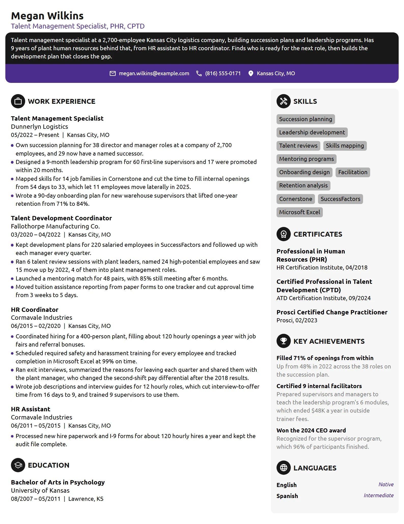 Talent Management Specialist resume example