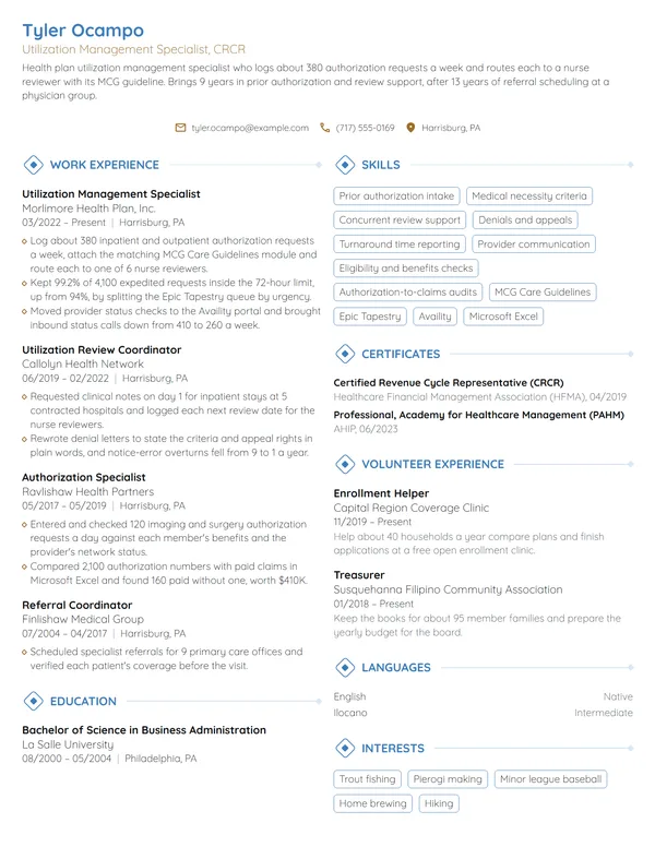 Utilization Management Specialist resume example