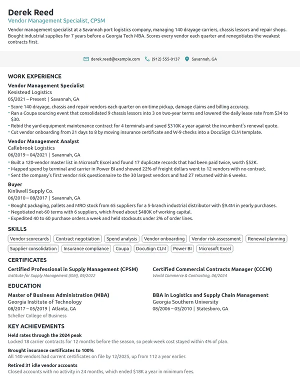 Vendor Management Specialist resume example
