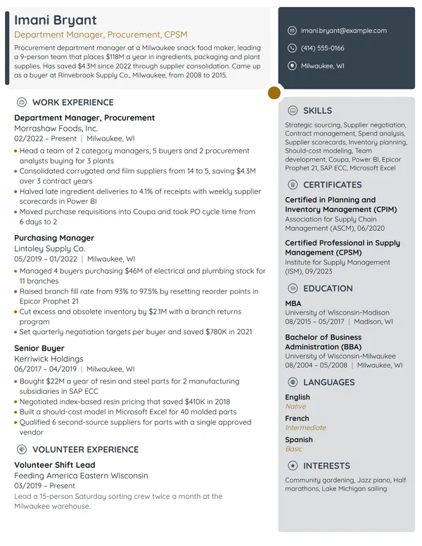 Department Manager resume example