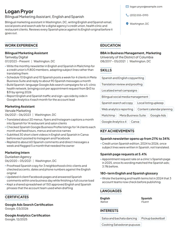 Bilingual Marketing Assistant resume example
