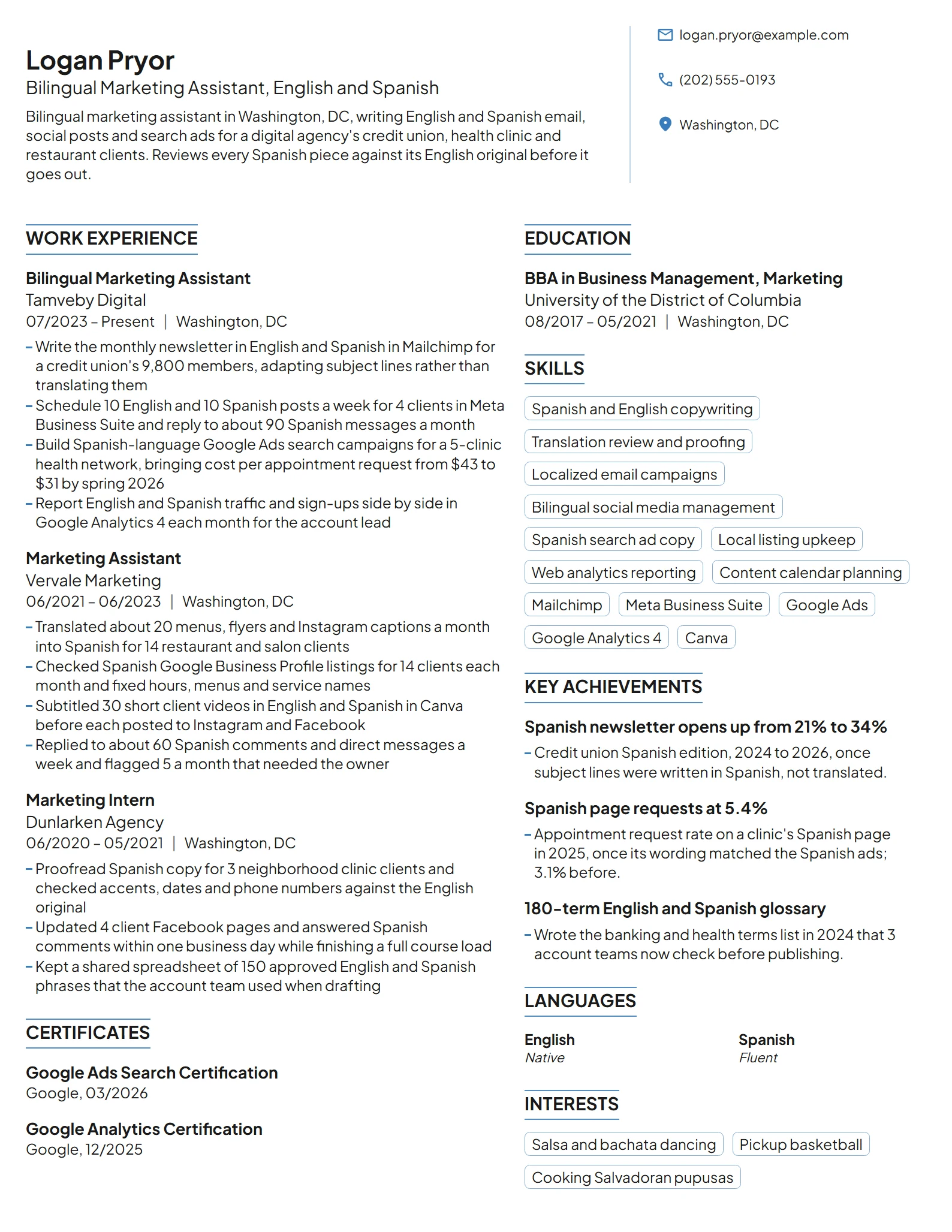 Bilingual Marketing Assistant resume example