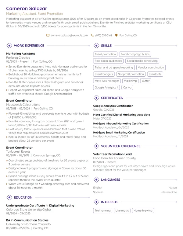 Career Change Marketing Assistant resume example