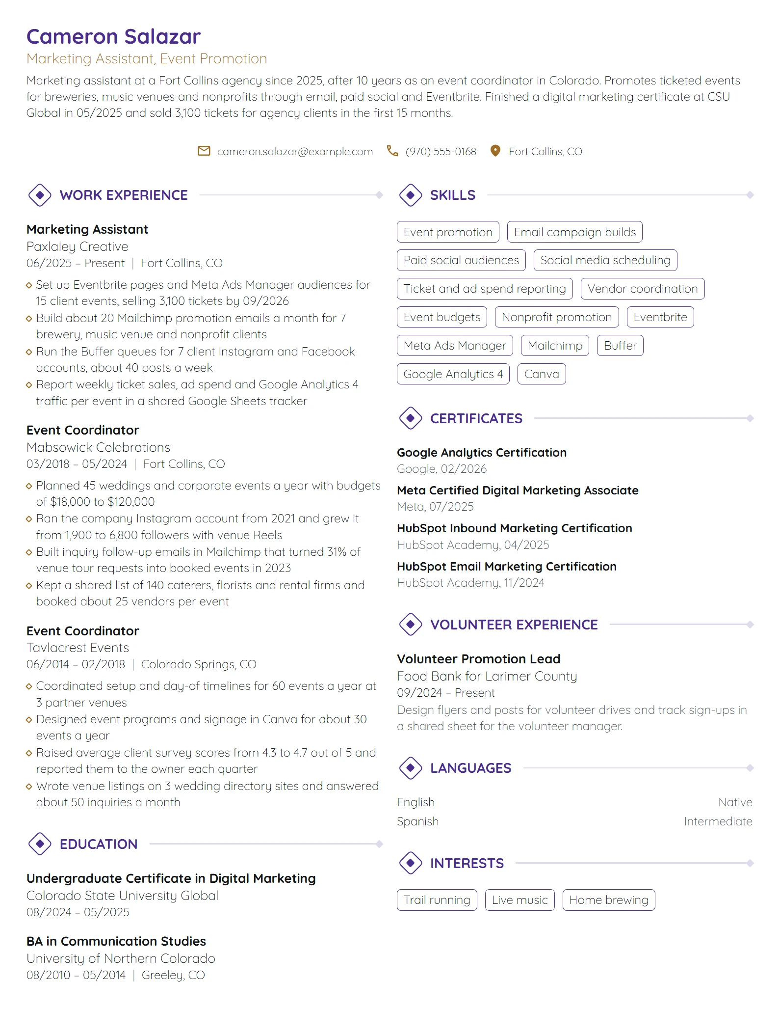 Career Change Marketing Assistant resume example