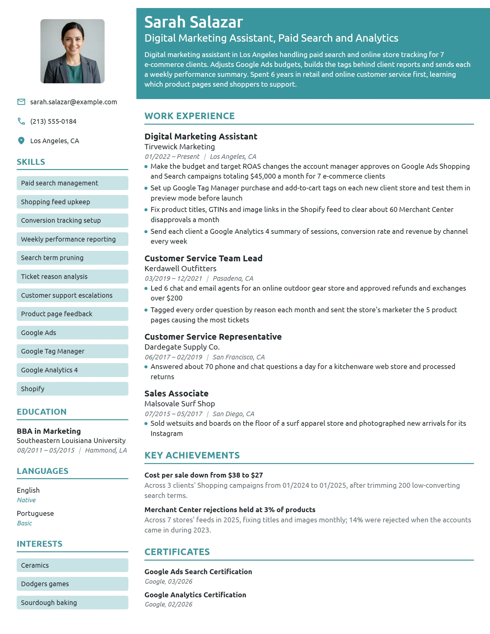 Digital Marketing Assistant resume example