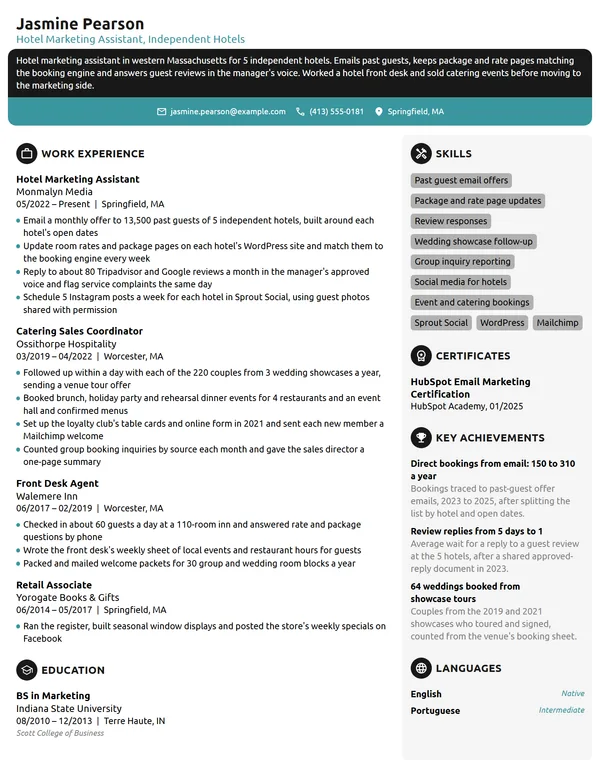 Hotel Marketing Assistant resume example