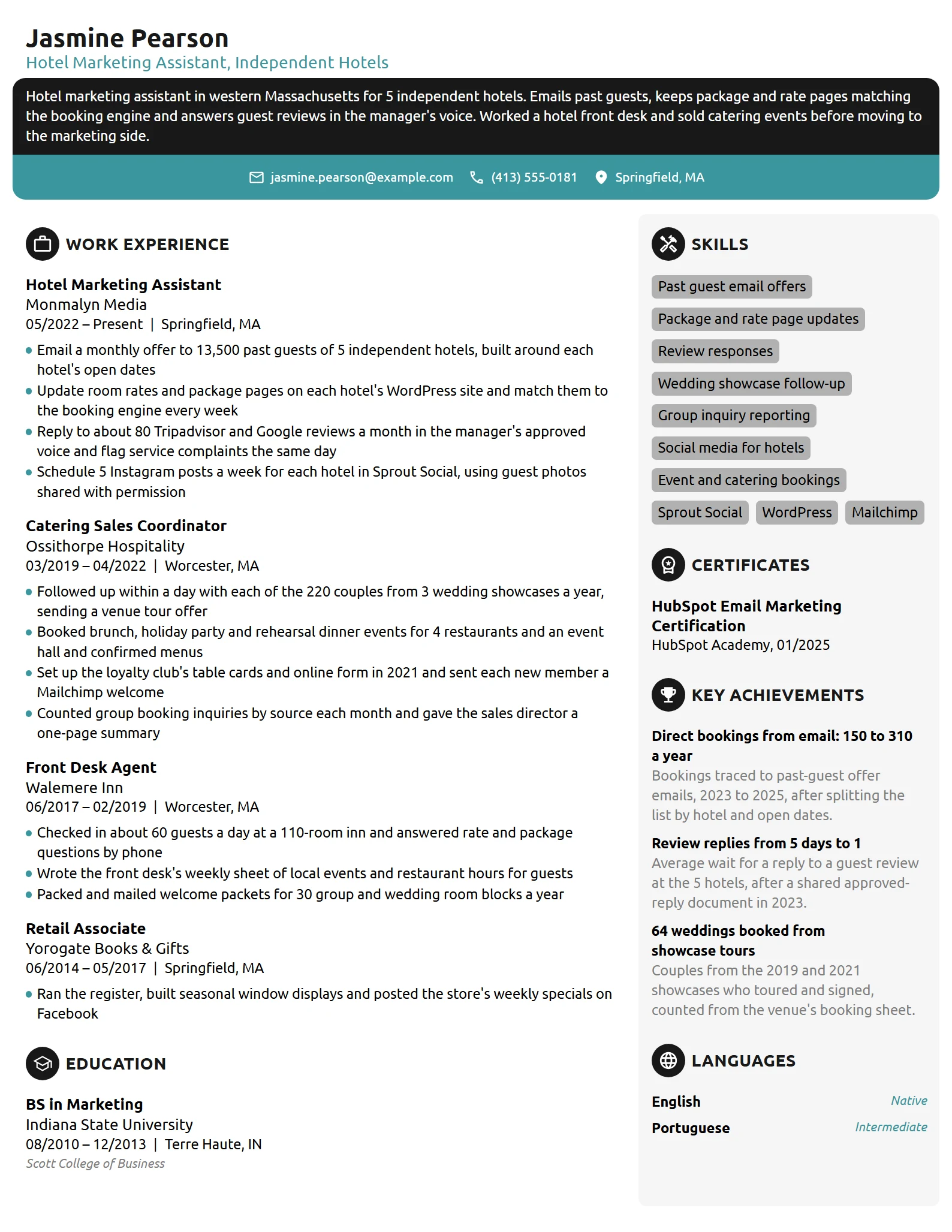 Hotel Marketing Assistant resume example