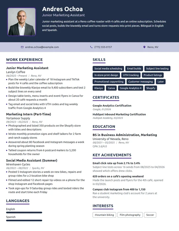 Junior Marketing Assistant resume example