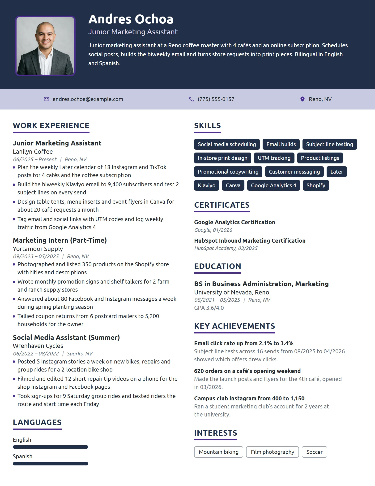 Junior Marketing Assistant resume example