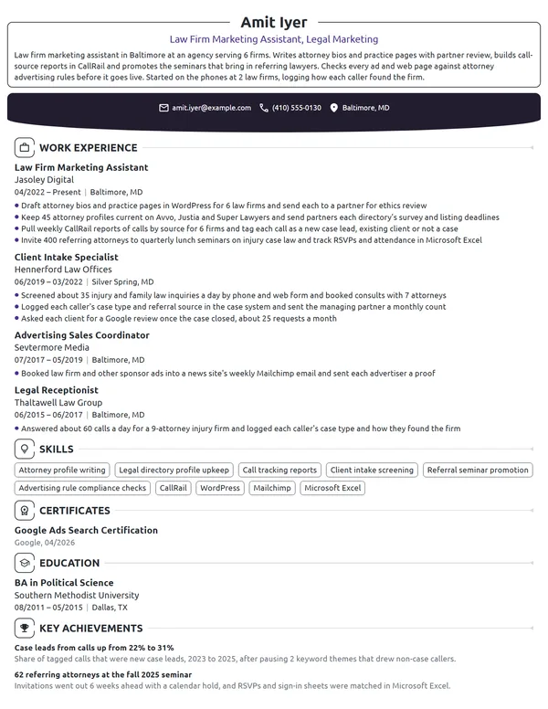 Law Firm Marketing Assistant resume example