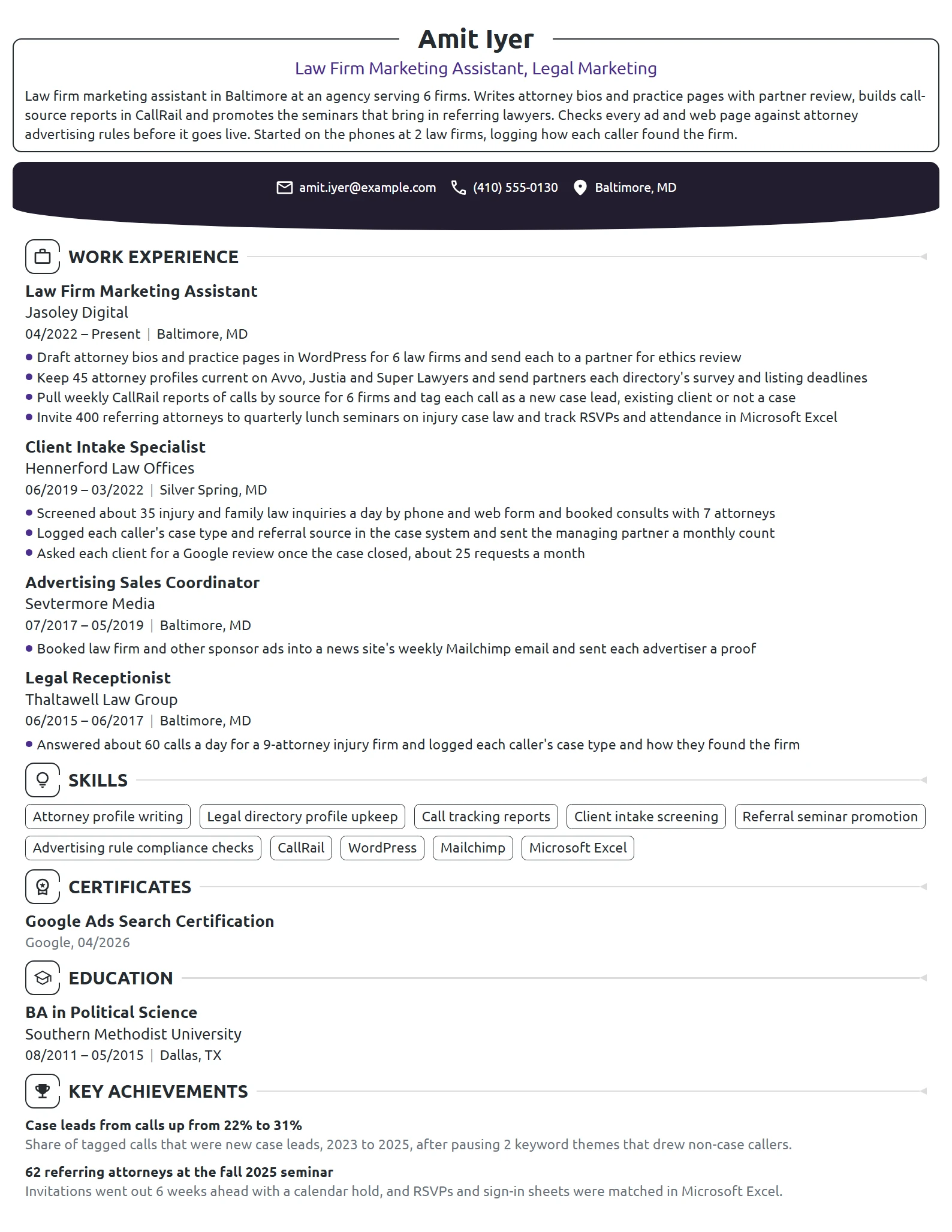 Law Firm Marketing Assistant resume example