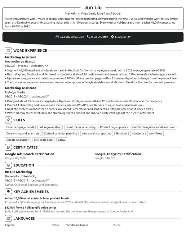 Marketing Assistant resume example