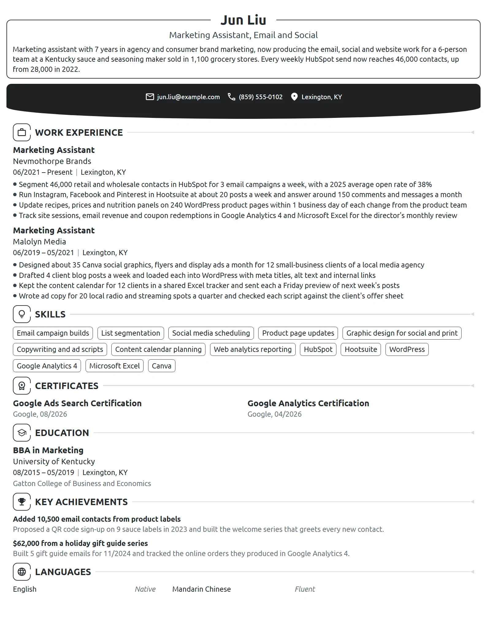 Marketing Assistant resume example