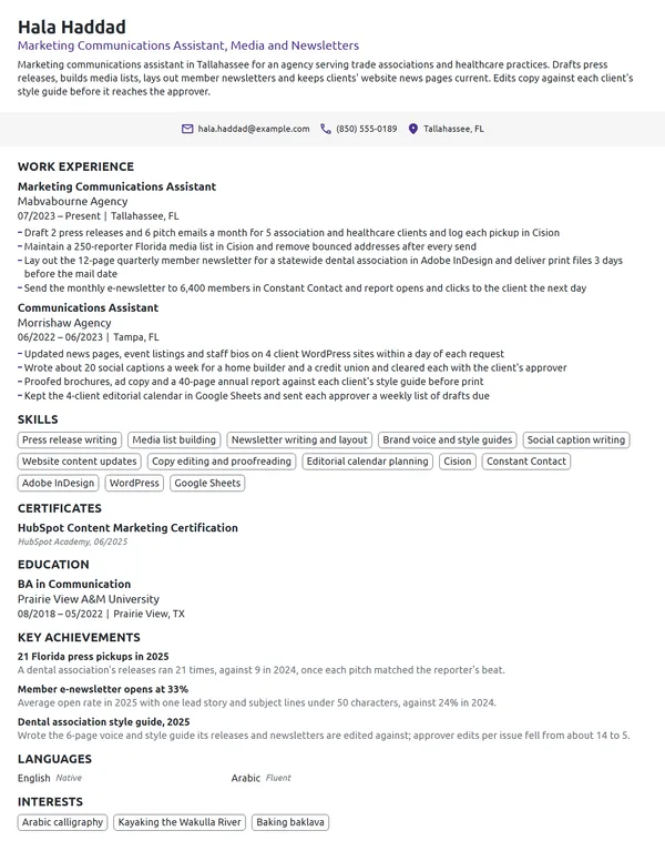 Marketing Communications Assistant resume example