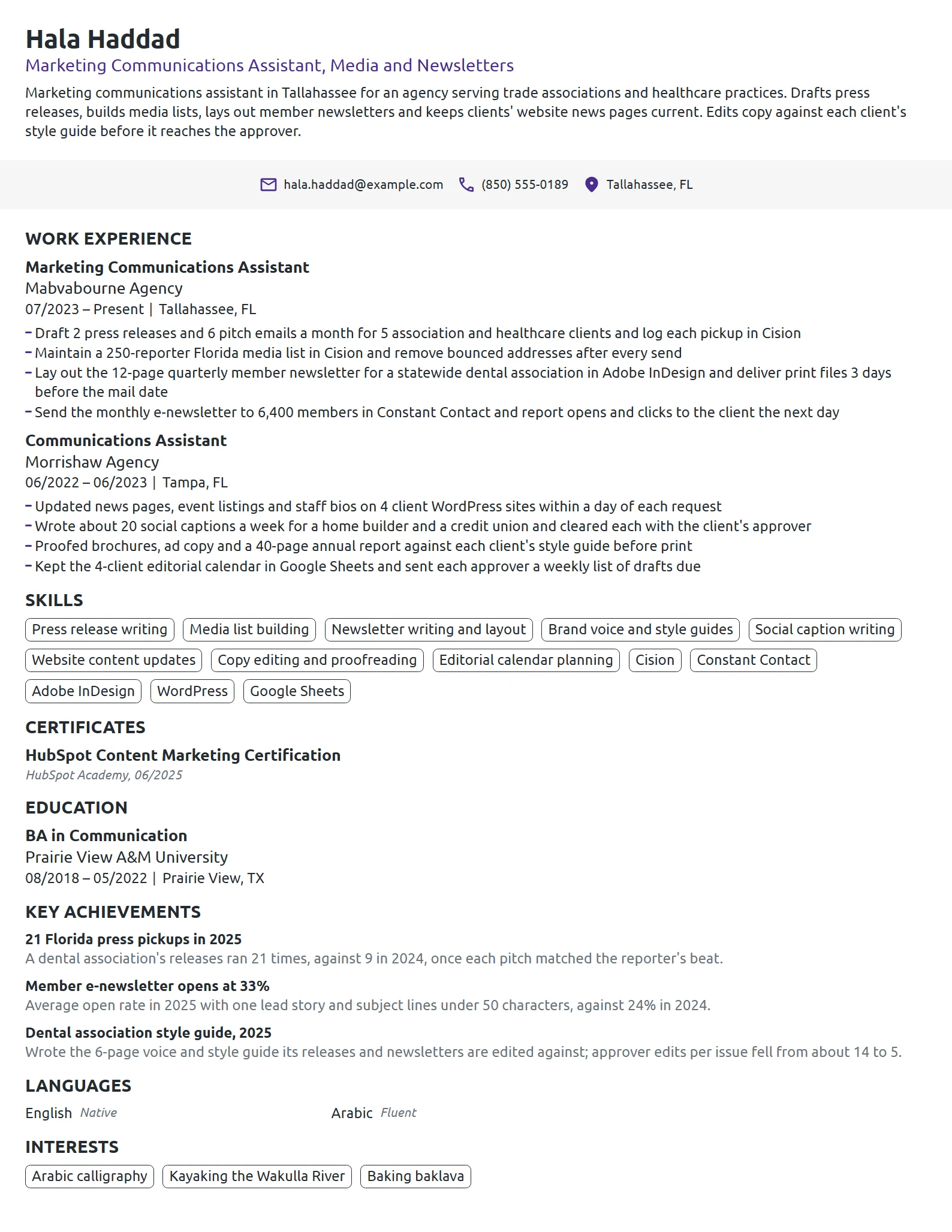 Marketing Communications Assistant resume example