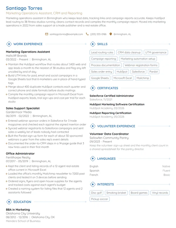 Marketing Operations Assistant resume example