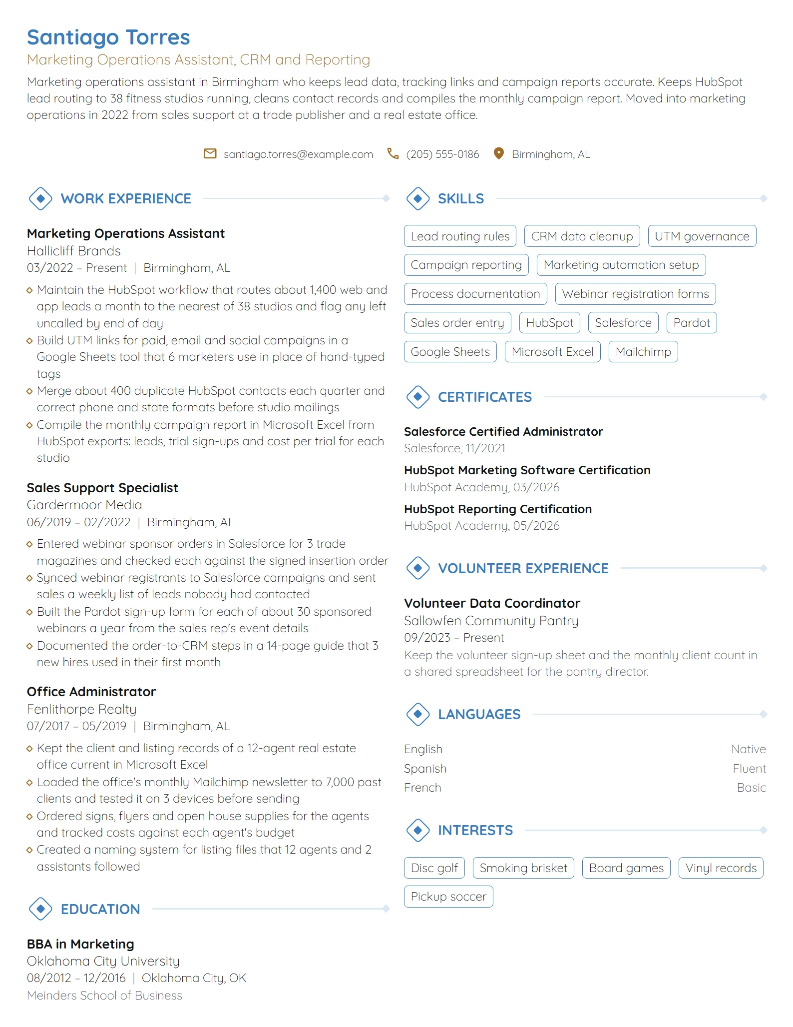 Marketing Operations Assistant resume example