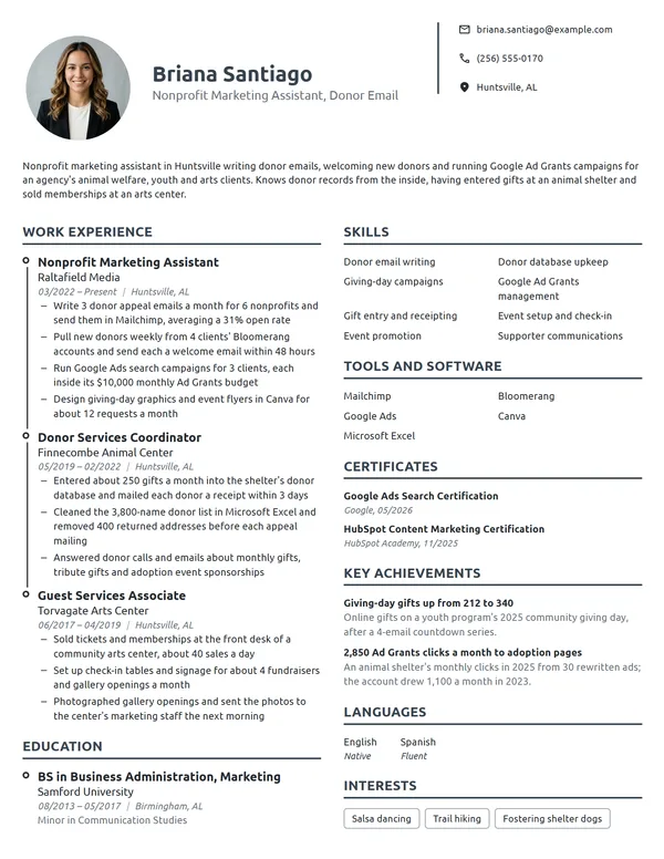 Nonprofit Marketing Assistant resume example